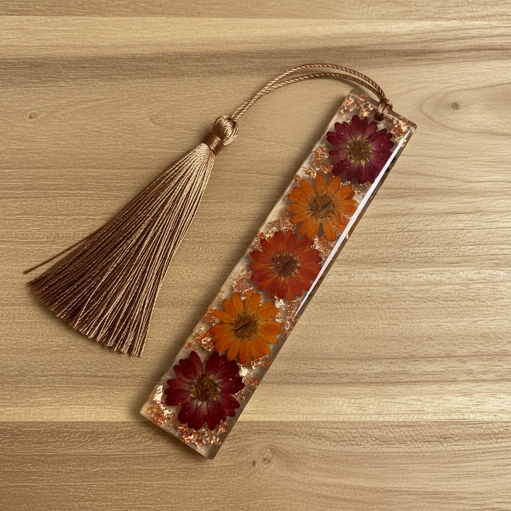 Handmade Resin Floral Bookmark with Gold Flakes & Tassel – Elegant Islamic Gift