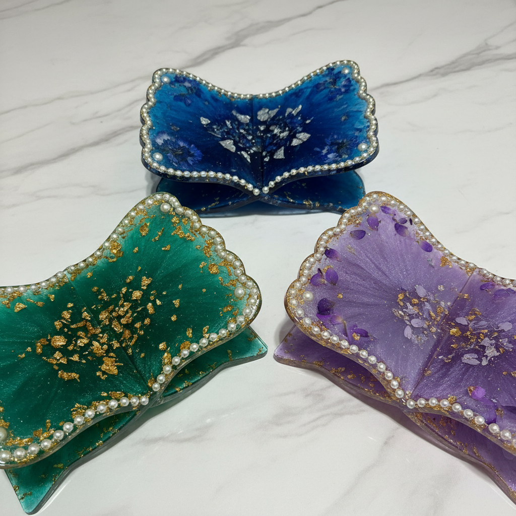 Luxury Pearl And Petal Resin Quran Stand – Handmade Islamic Book Holder with Gold Flakes