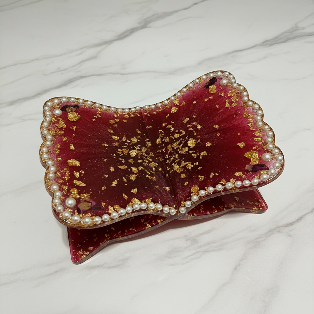 Luxury Pearl And Petal Resin Quran Stand – Handmade Islamic Book Holder with Gold Flakes