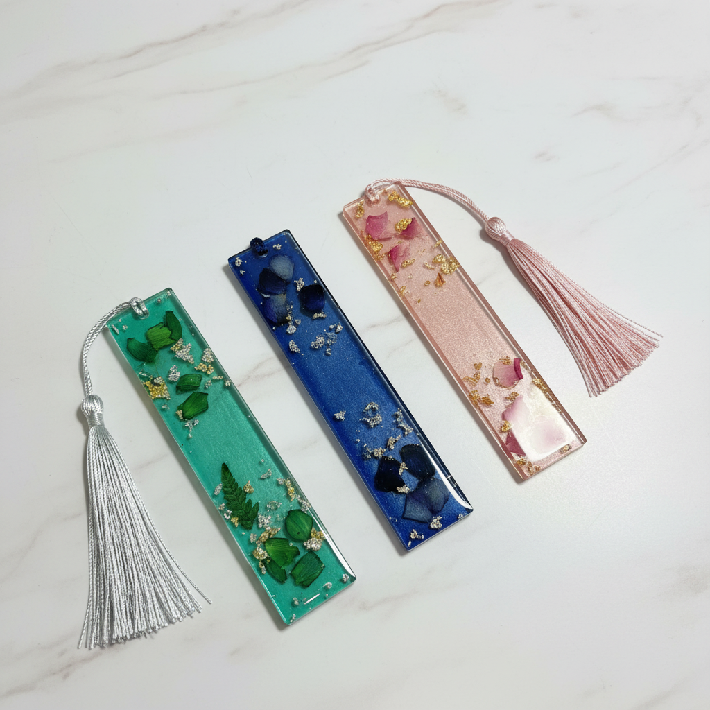Handmade Resin Floral Bookmark with Gold Flakes & Tassel – Elegant Islamic Gift
