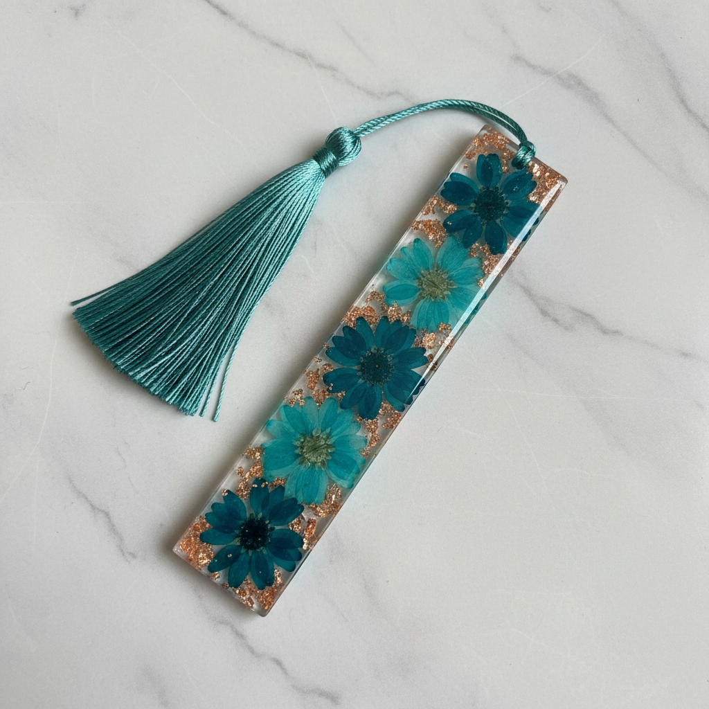 Handmade Resin Floral Bookmark with Gold Flakes & Tassel – Elegant Islamic Gift