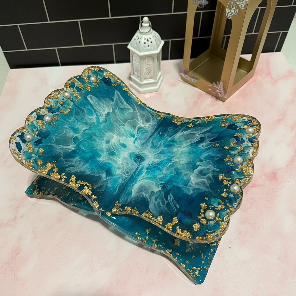 Luxury Pearl And Petal Resin Quran Stand – Handmade Islamic Book Holder with Gold Flakes
