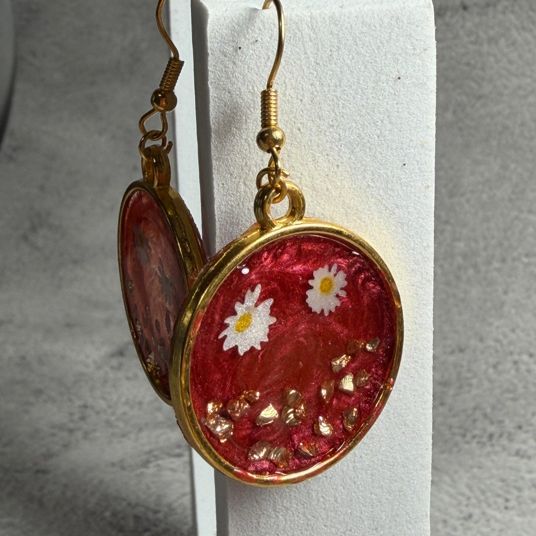 Pressed Flower Earrings - Handmade Red Resin Daisy Drop Earrings Gold