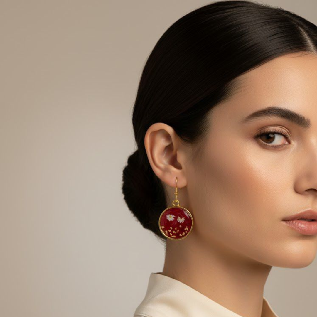 Pressed Flower Earrings - Handmade Red Resin Daisy Drop Earrings Gold