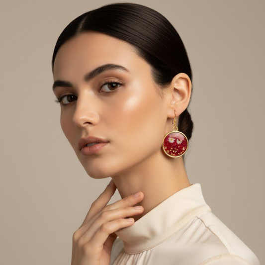 Pressed Flower Earrings - Handmade Red Resin Daisy Drop Earrings Gold
