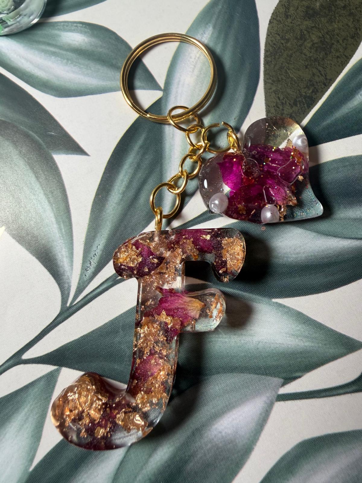 Personalized Resin Initial Keychain with Heart Charm, Handmade Alphabet Bag Charm Gift for Her