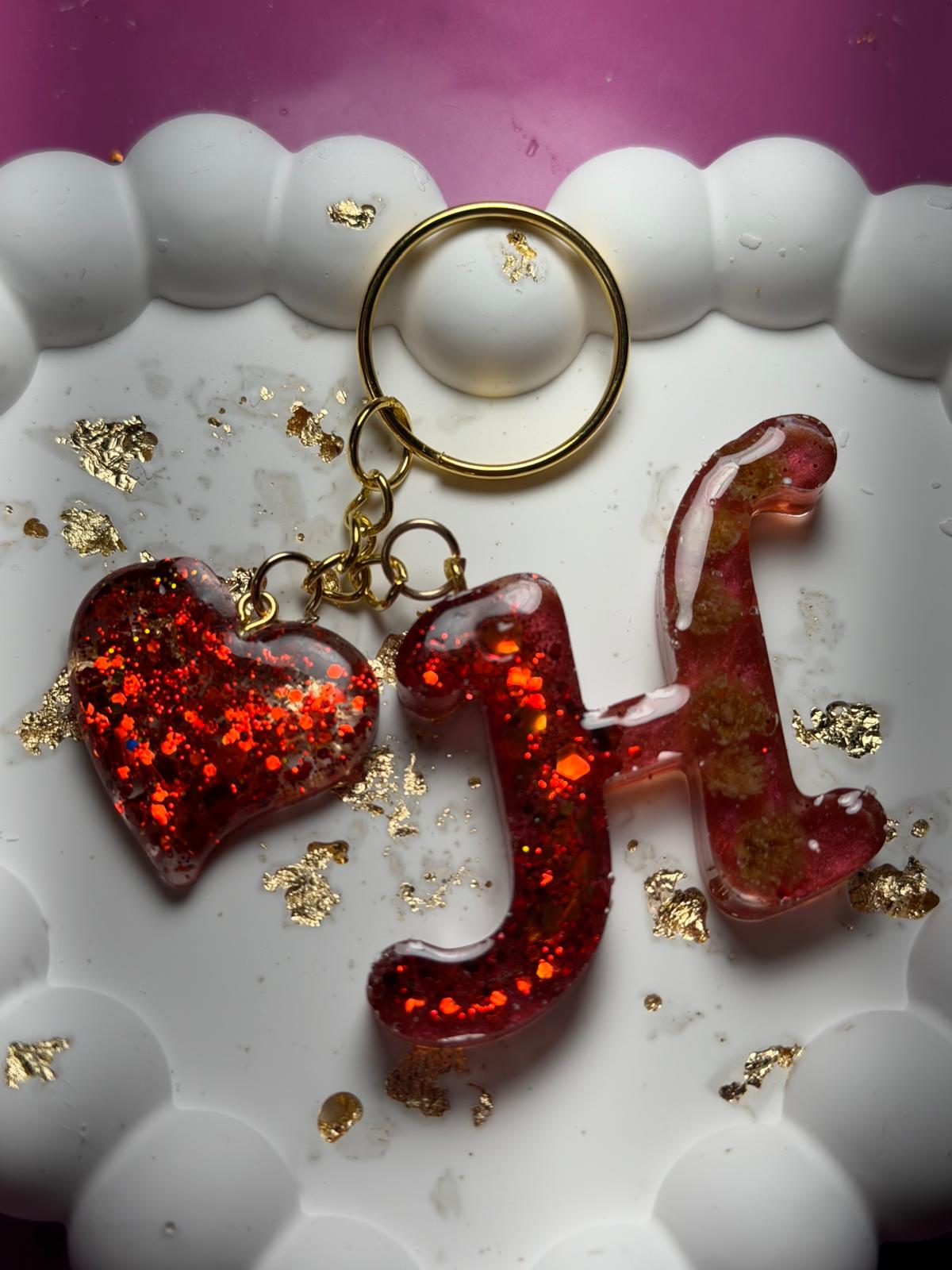 Personalized Resin Initial Keychain with Heart Charm, Handmade Alphabet Bag Charm Gift for Her