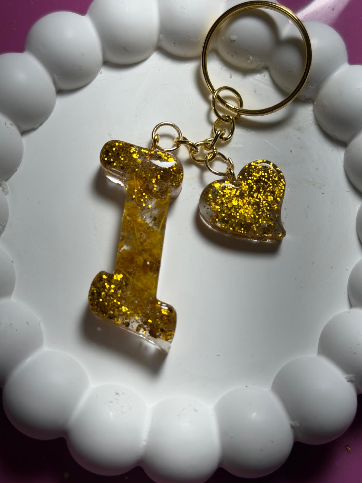 Personalized Resin Initial Keychain with Heart Charm, Handmade Alphabet Bag Charm Gift for Her