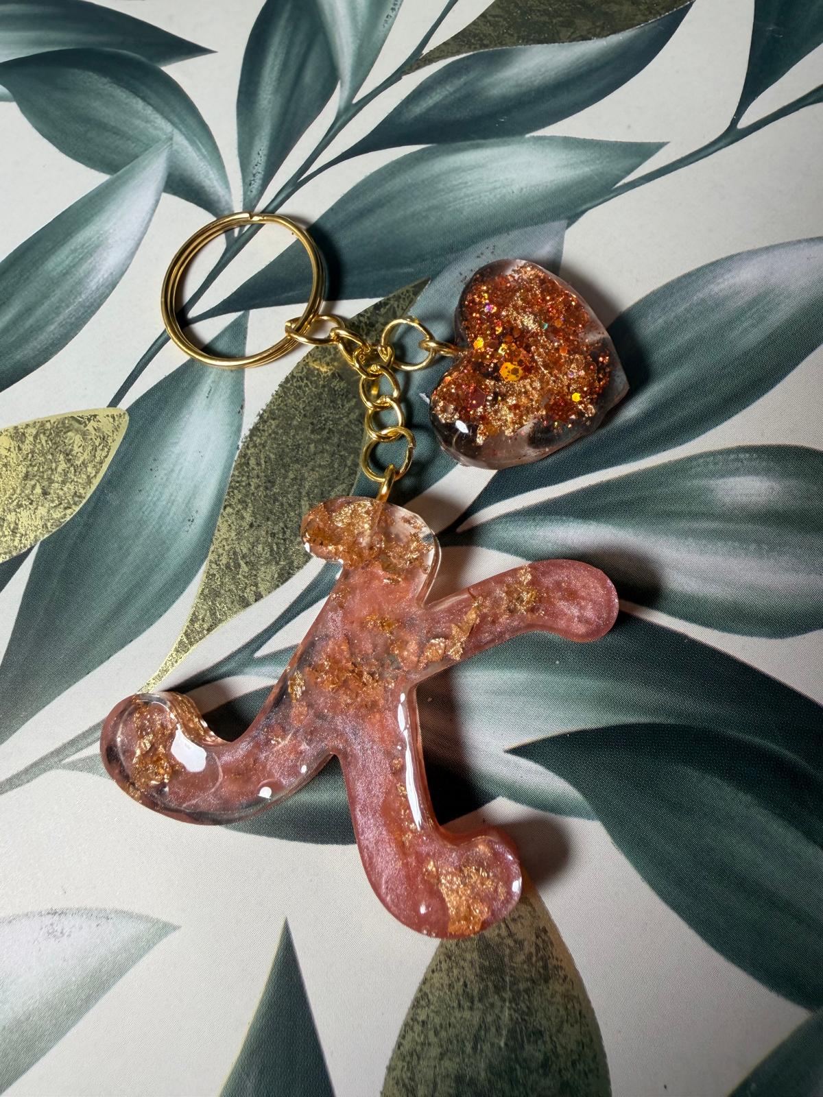 Personalized Resin Initial Keychain with Heart Charm, Handmade Alphabet Bag Charm Gift for Her