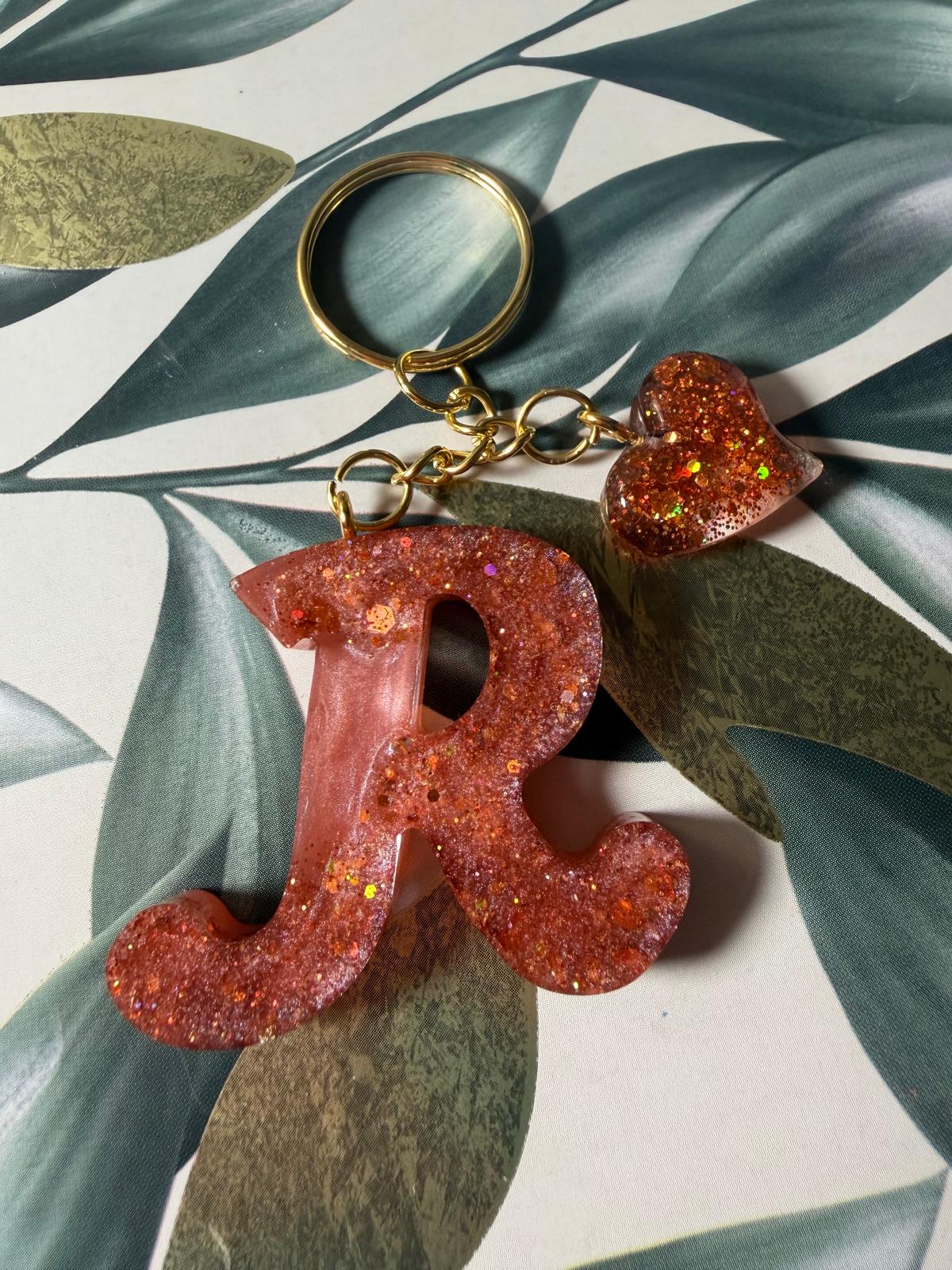 Personalized Resin Initial Keychain with Heart Charm, Handmade Alphabet Bag Charm Gift for Her