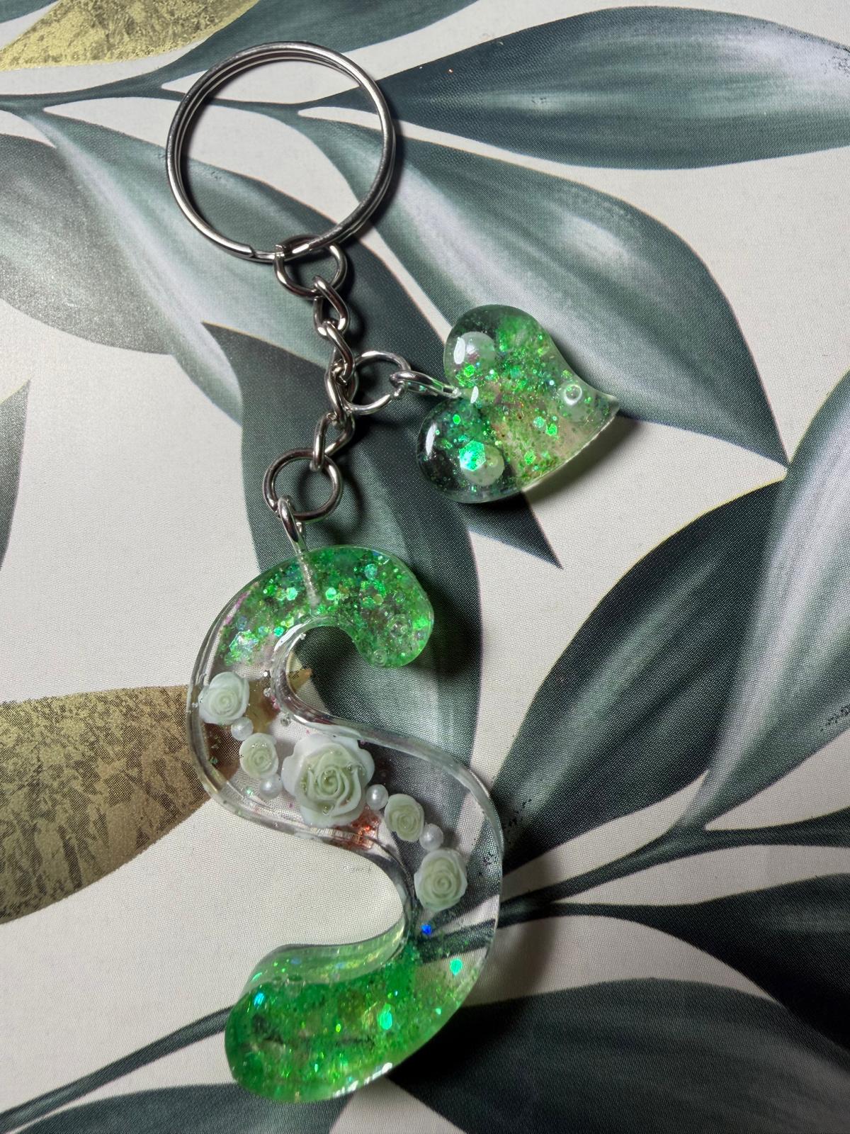 Personalized Resin Initial Keychain with Heart Charm, Handmade Alphabet Bag Charm Gift for Her