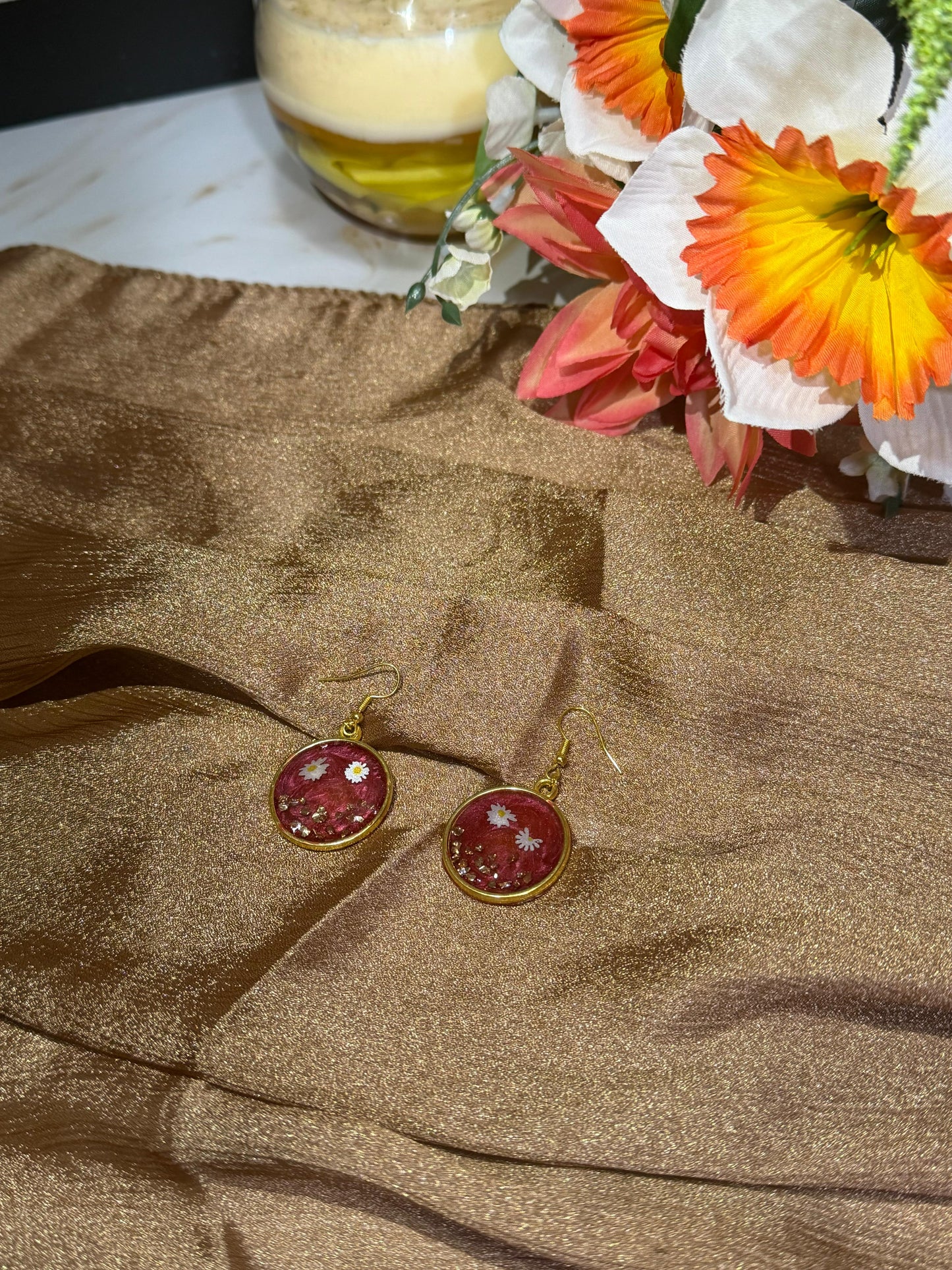 Pressed Flower Earrings - Handmade Red Resin Daisy Drop Earrings Gold
