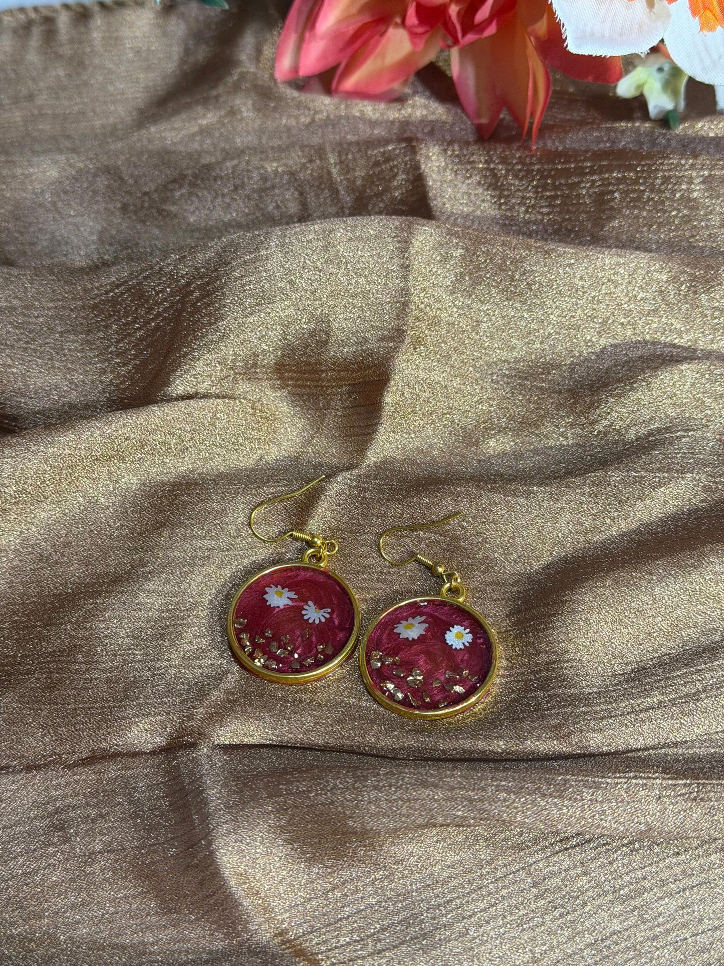 Pressed Flower Earrings - Handmade Red Resin Daisy Drop Earrings Gold