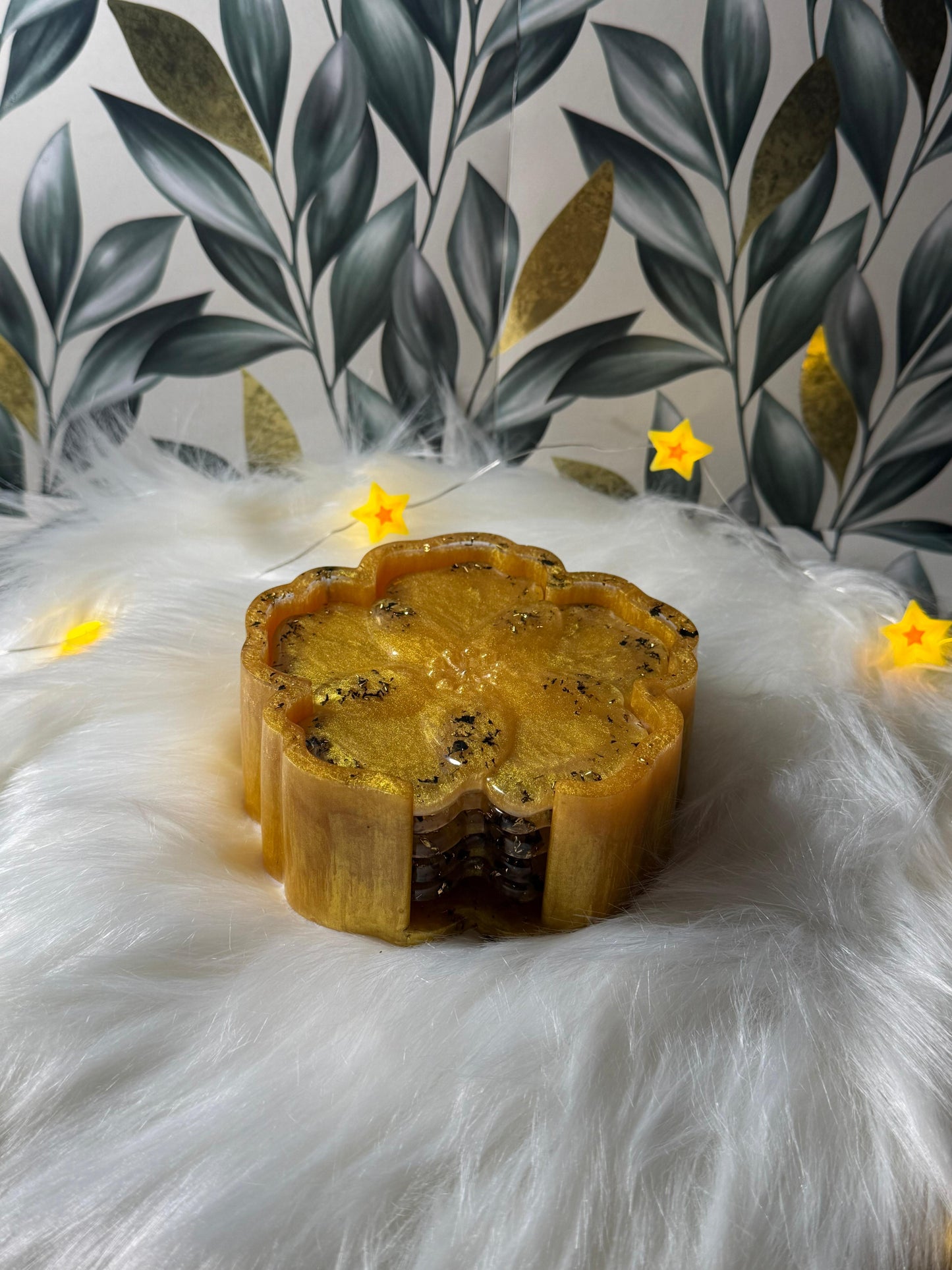 Gold Floral Resin Handmade Flower Coaster Set, Luxury Drink Coasters, Resin Home Decor