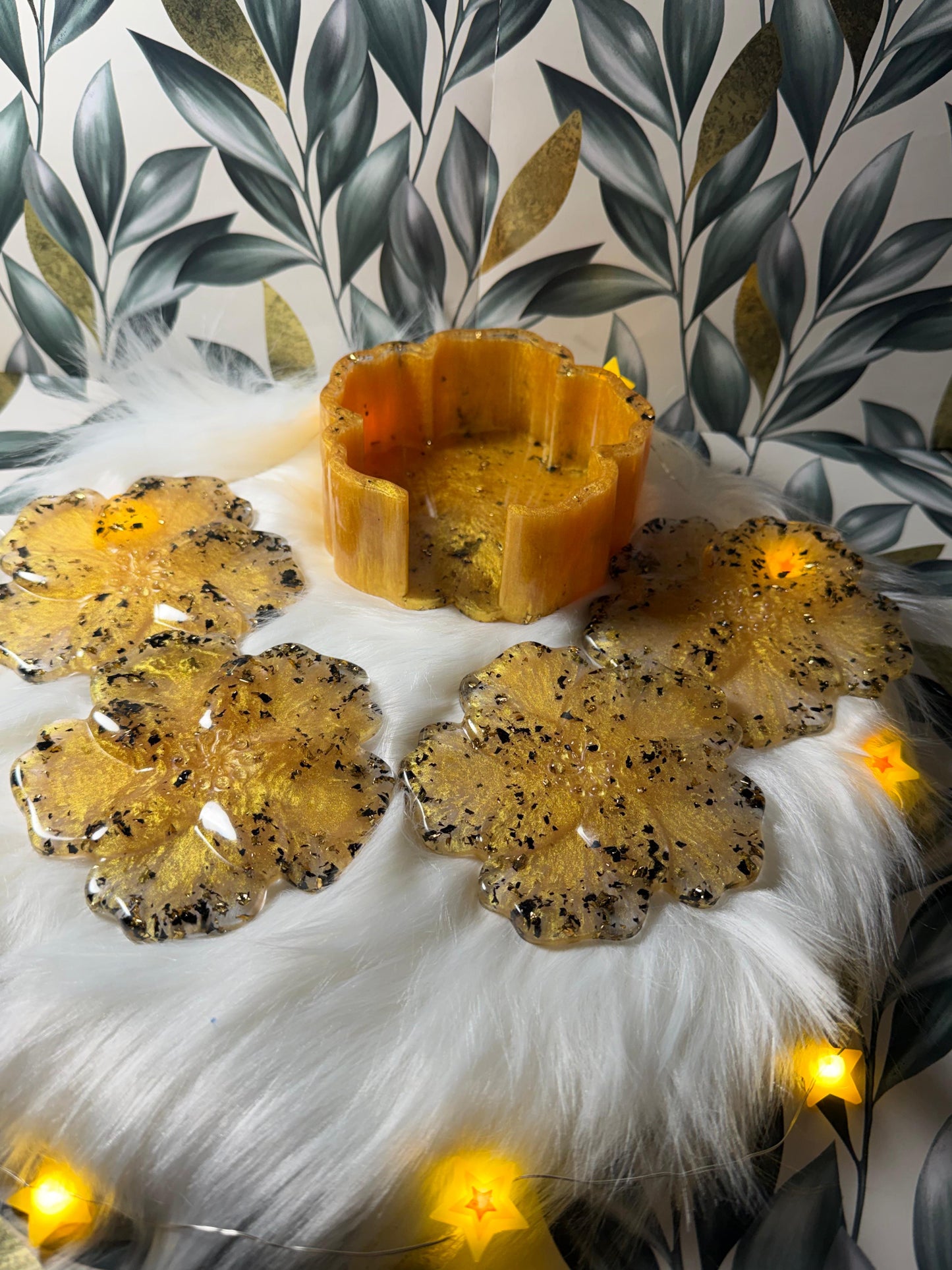 Gold Floral Resin Handmade Flower Coaster Set, Luxury Drink Coasters, Resin Home Decor