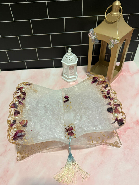 Luxury Pearl And Petal Resin Quran Stand – Handmade Islamic Book Holder with Gold Flakes